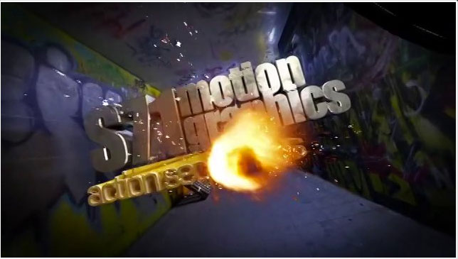 Still from a SHERPA71 motion graphics sequence: metallic 3D lettering and sparks in a graffiti tunnel